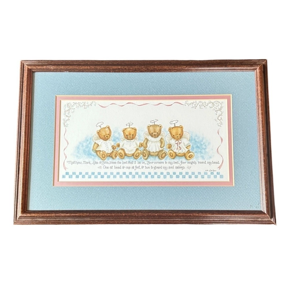 Lila Rose Angel Teddy Bear Prayer Framed Art Print Blue Nursery Decor 12x18 1988